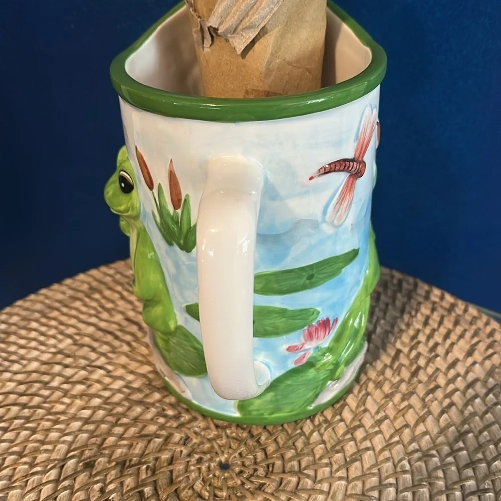 New Frog Hand Painted Ceramic 7 Wooden Kitchen Accessories Set 8.5” Tall